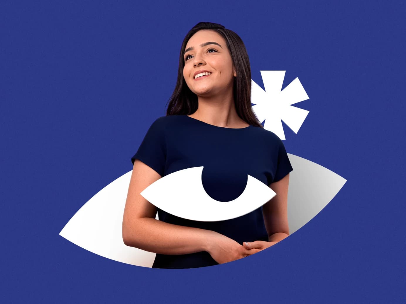 Aluna do Unifacex entre o sinal do olho e o asterisco, sobre azul-marinho