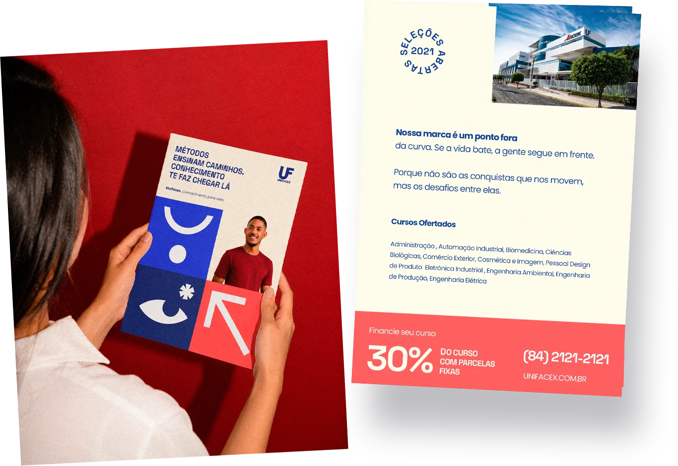 Campaign leaflet being read, and the back with courses and the offer