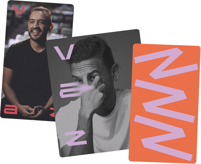 Três cards da vaz sobrepostos — retratos e o wordmark em laranja