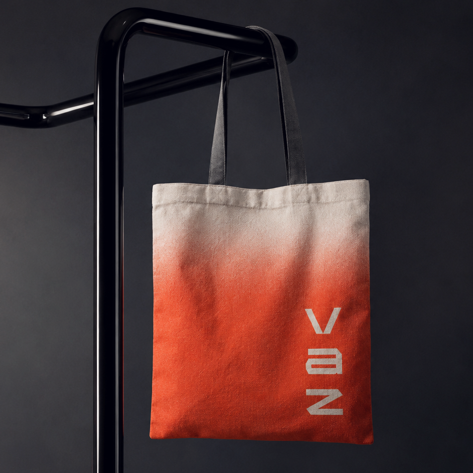 Ecobag em degradê laranja com o wordmark vaz